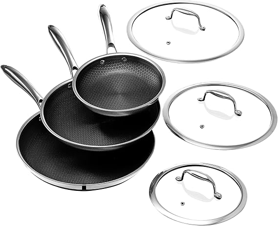 HexClad hybrid nonstick induction frying pan set with lids