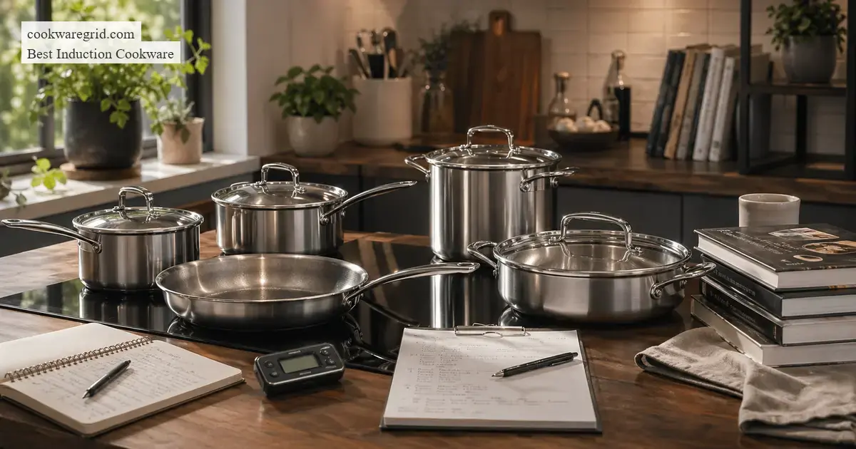 Stainless steel cookware arranged beside a modern induction cooktop
