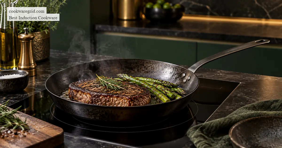 best carbon steel pans for induction shown on a modern induction cooktop