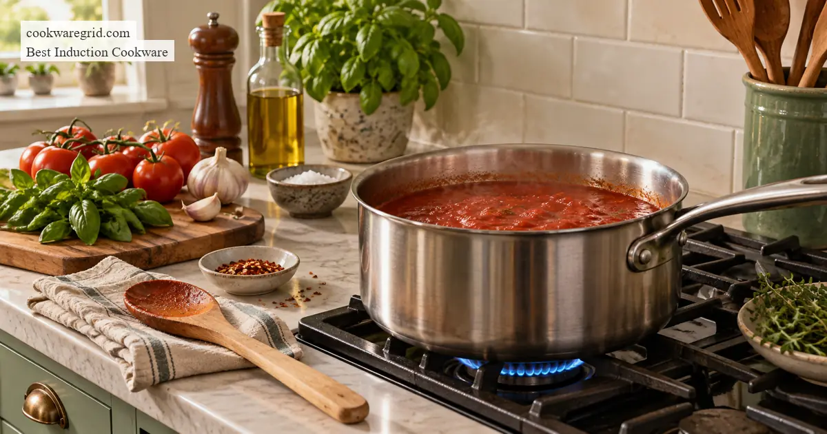 best cookware for low, steady simmering on induction shown on a modern induction cooktop