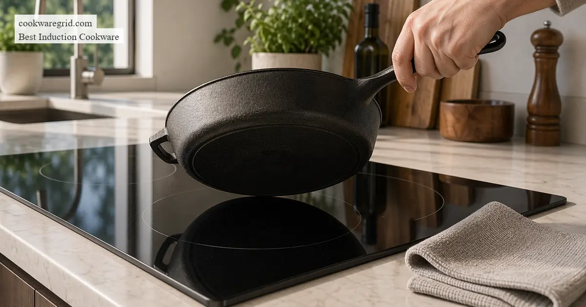 Smooth-bottom cookware arranged on a black glass induction cooktop