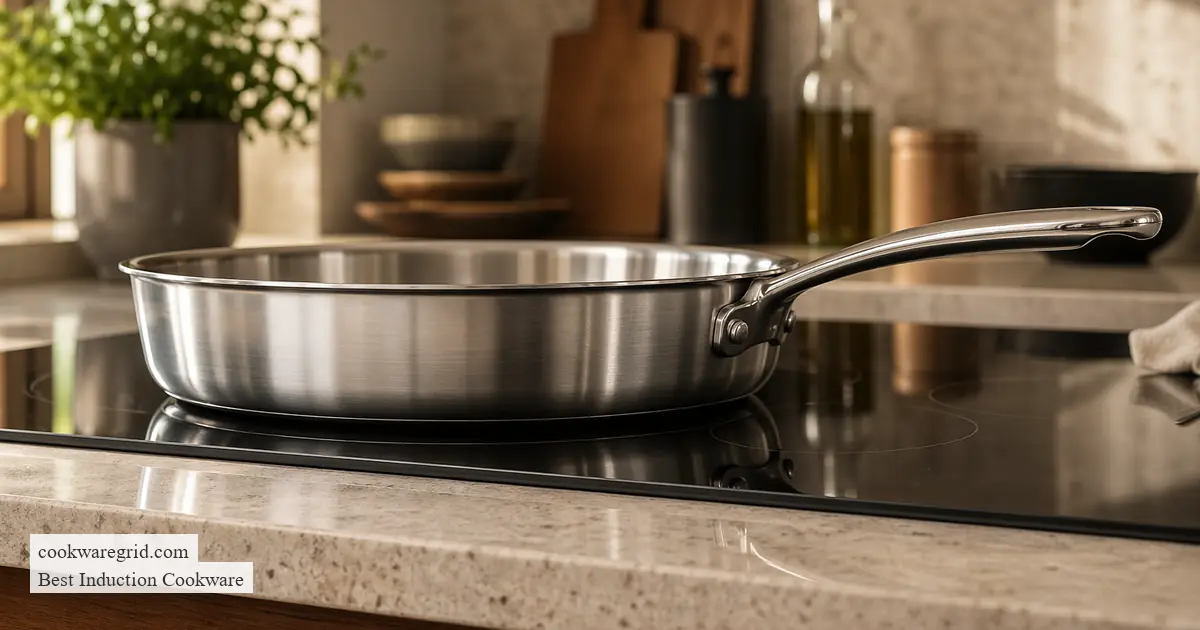 Smooth-bottom cookware arranged on a black glass induction cooktop