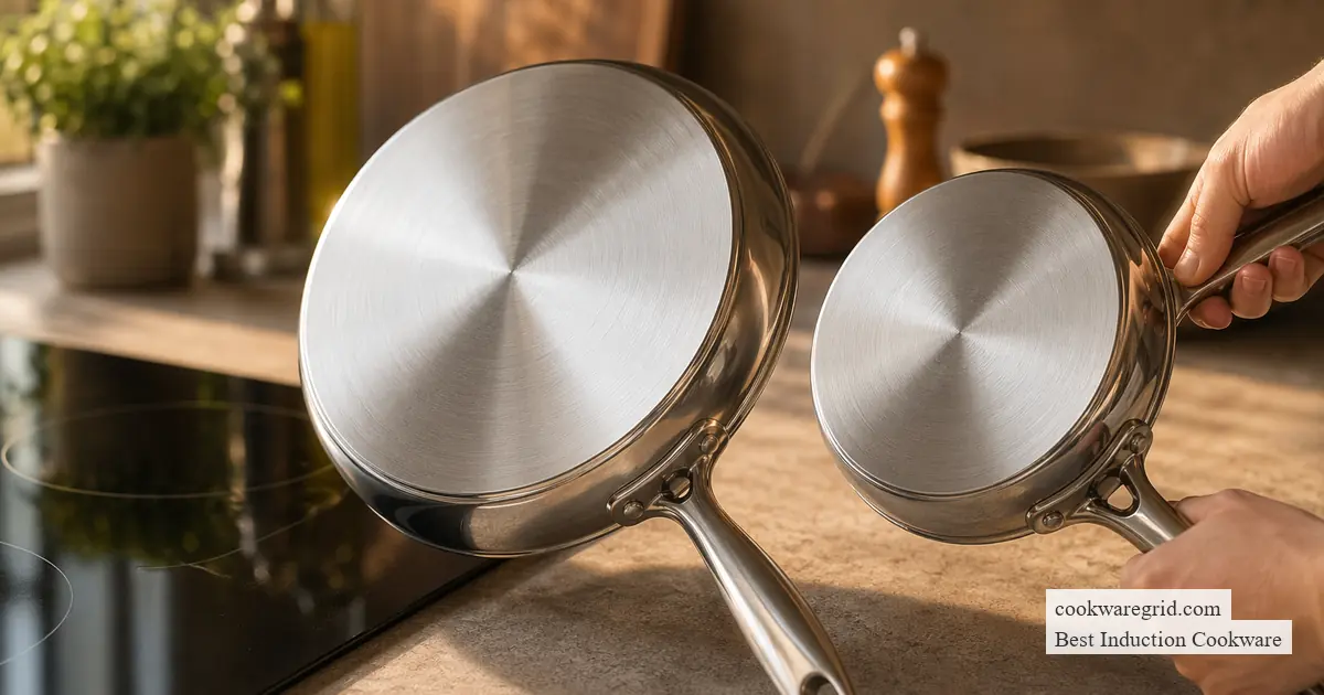 Smooth-bottom cookware arranged on a black glass induction cooktop