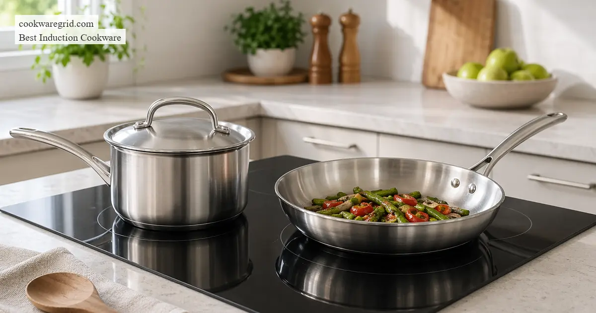 Compact induction cookware stacked neatly in a small kitchen