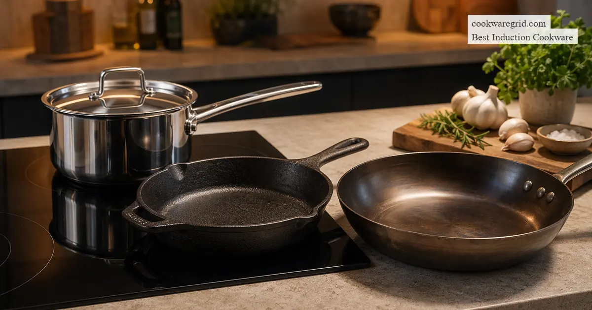 Compact induction cookware stacked neatly in a small kitchen