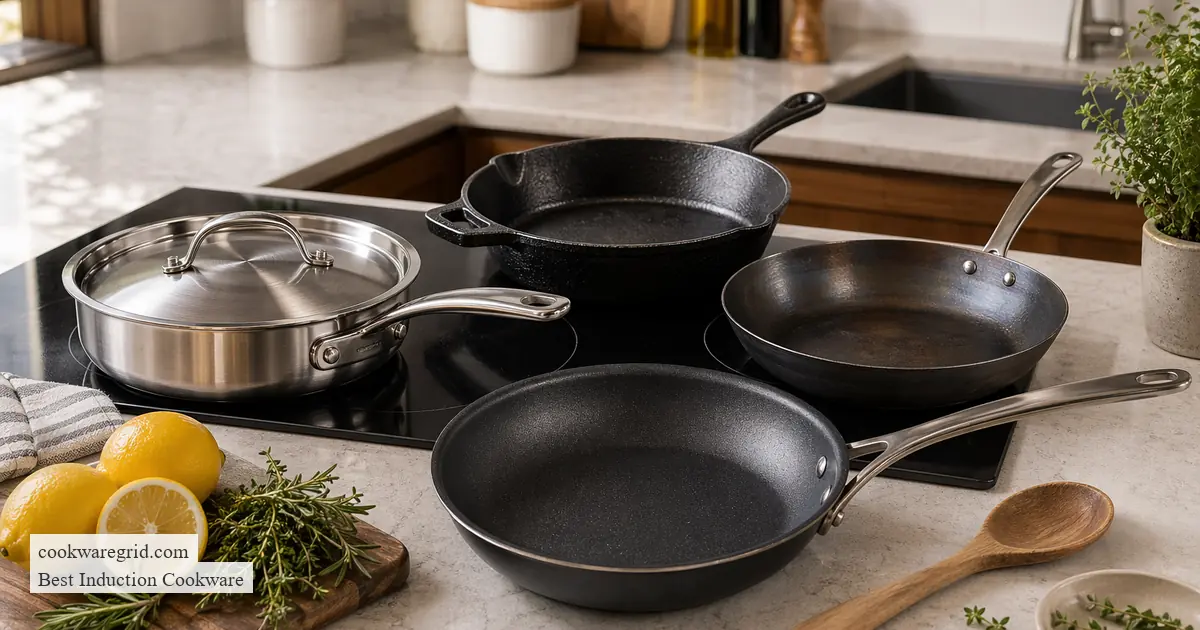 Compact induction cookware stacked neatly in a small kitchen