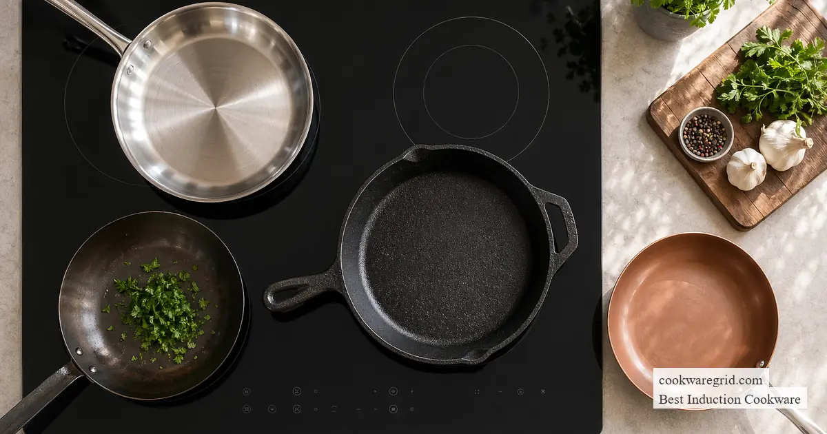 Compact induction cookware stacked neatly in a small kitchen