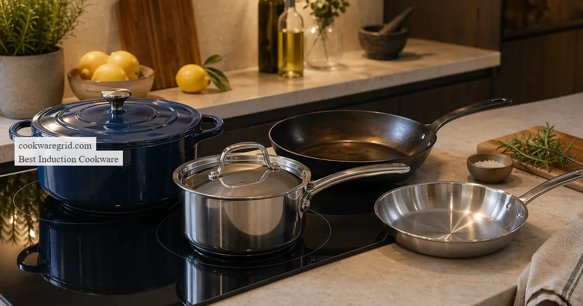 Compact induction cookware stacked neatly in a small kitchen