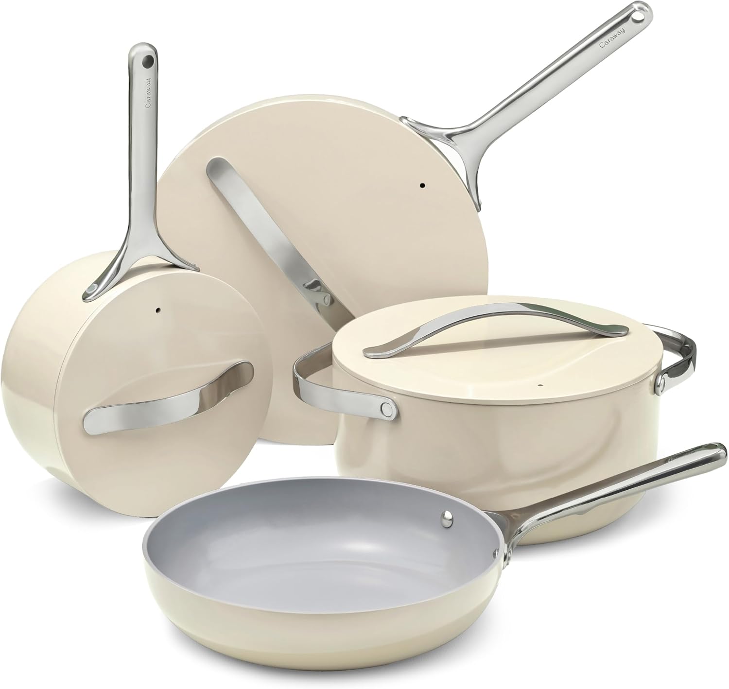 Caraway ceramic induction cookware set on a white background
