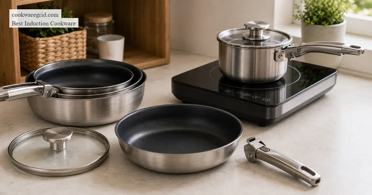 Cookware set pieces nested together to save space in a small kitchen cabinet