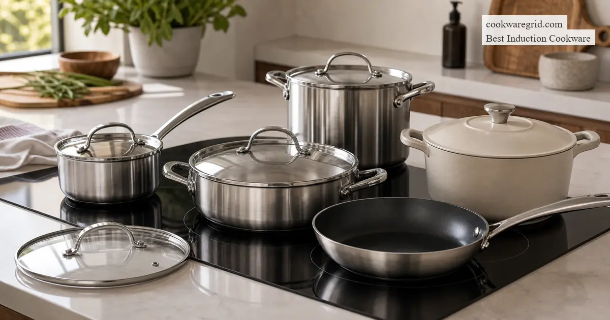 Induction cookware set with stainless steel, nonstick, and ceramic pieces arranged on a kitchen counter