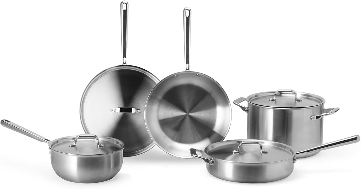 Misen stainless steel induction cookware set on a white background