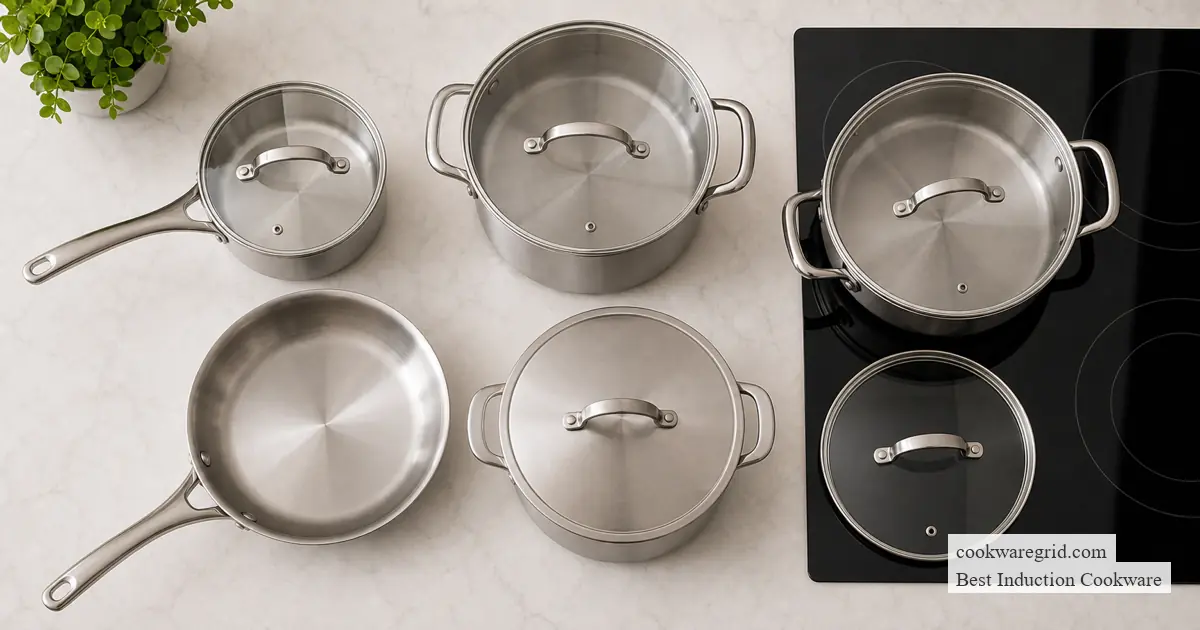 Induction cookware set pieces arranged by size on a kitchen counter