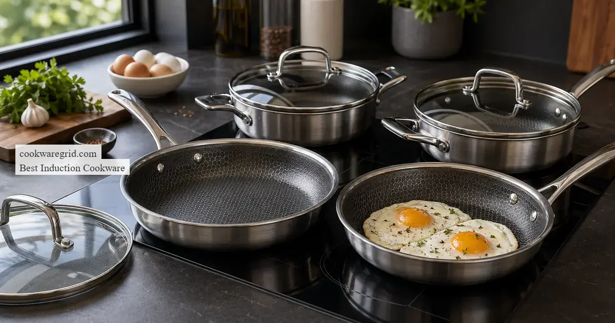 HexClad hybrid induction cookware set with stainless peaks and ceramic nonstick valleys