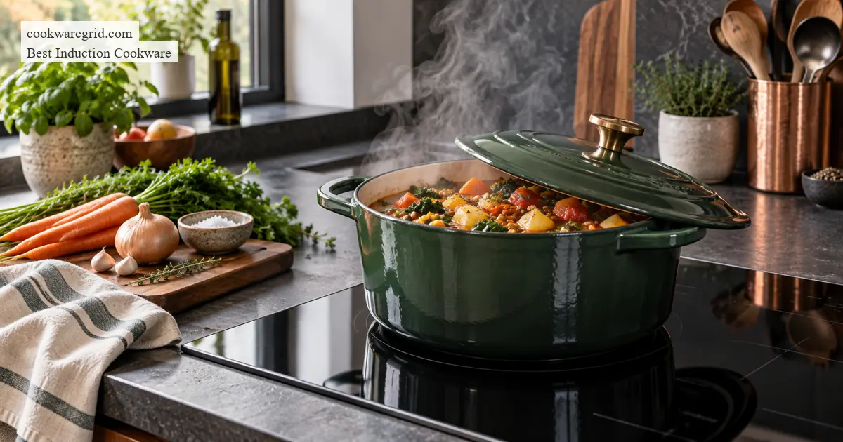 best dutch ovens for induction cooktops shown on a modern induction cooktop