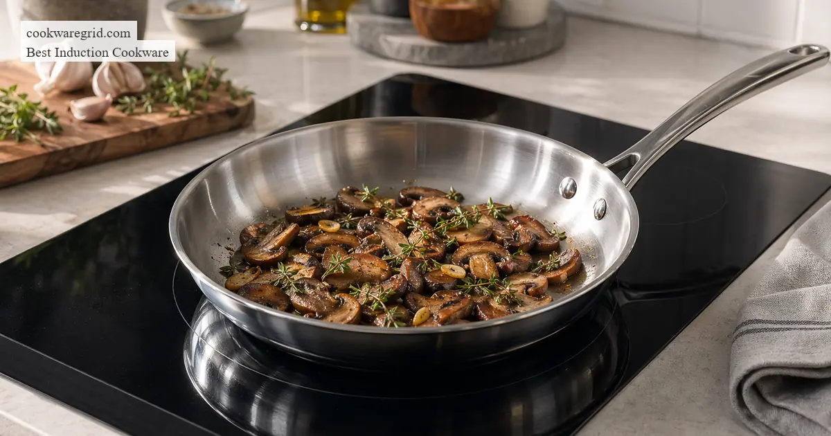 A stainless steel induction frying pan on a modern glass cooktop