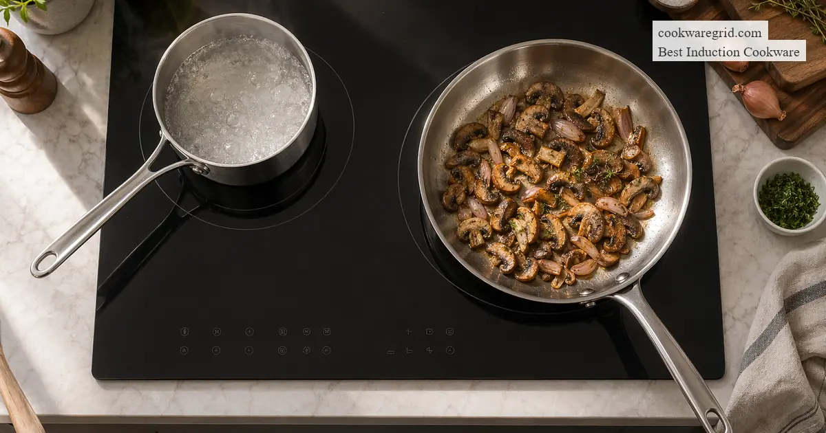A stainless steel induction frying pan on a modern glass cooktop