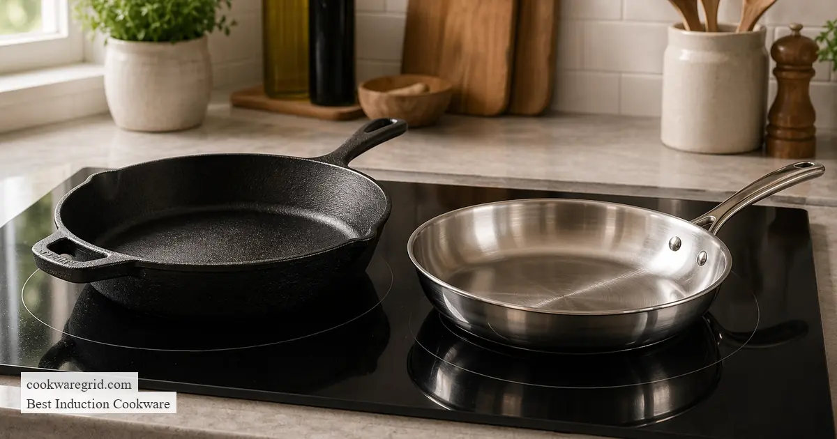 A stainless steel induction frying pan on a modern glass cooktop