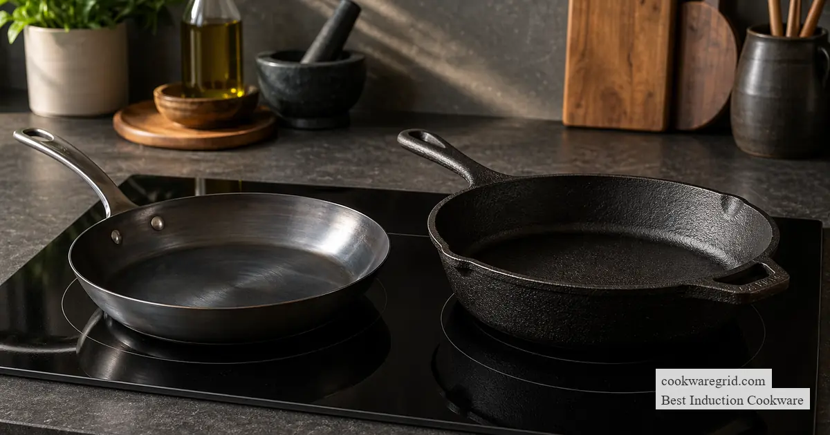 A stainless steel induction frying pan on a modern glass cooktop