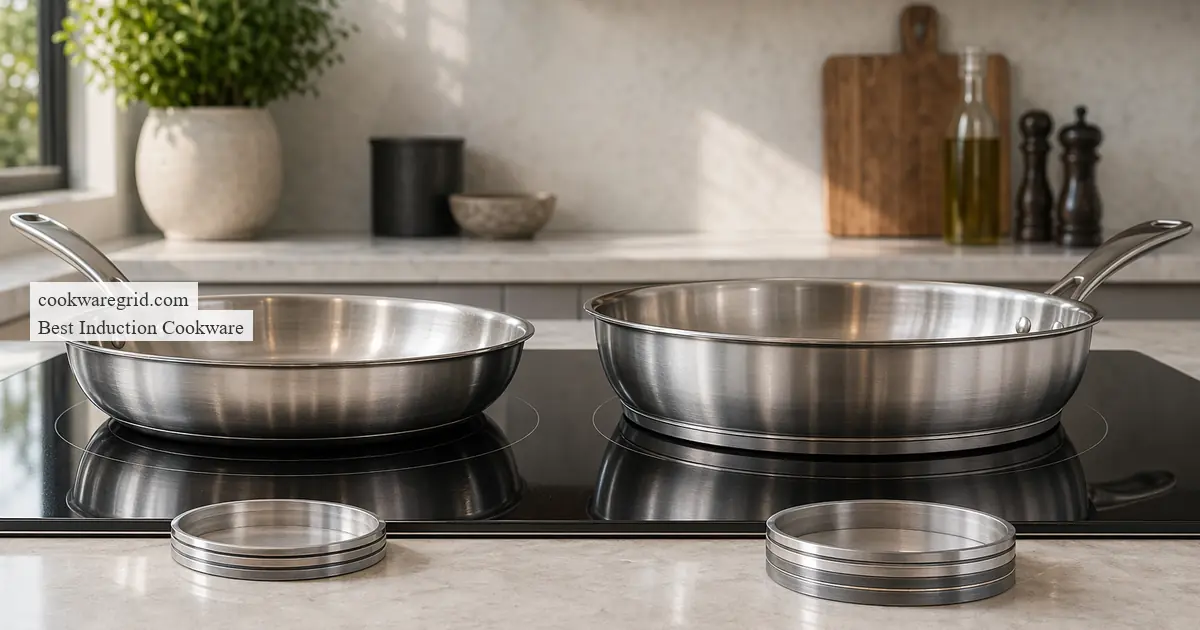 A stainless steel induction frying pan on a modern glass cooktop