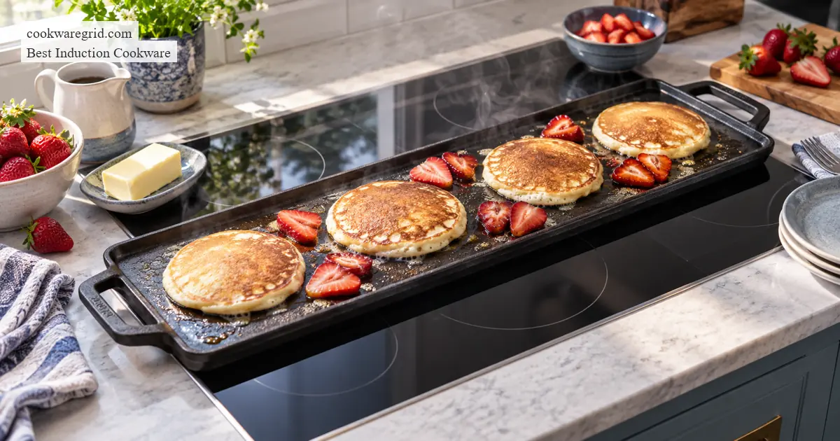 best griddles for induction cooktops shown on a modern induction cooktop