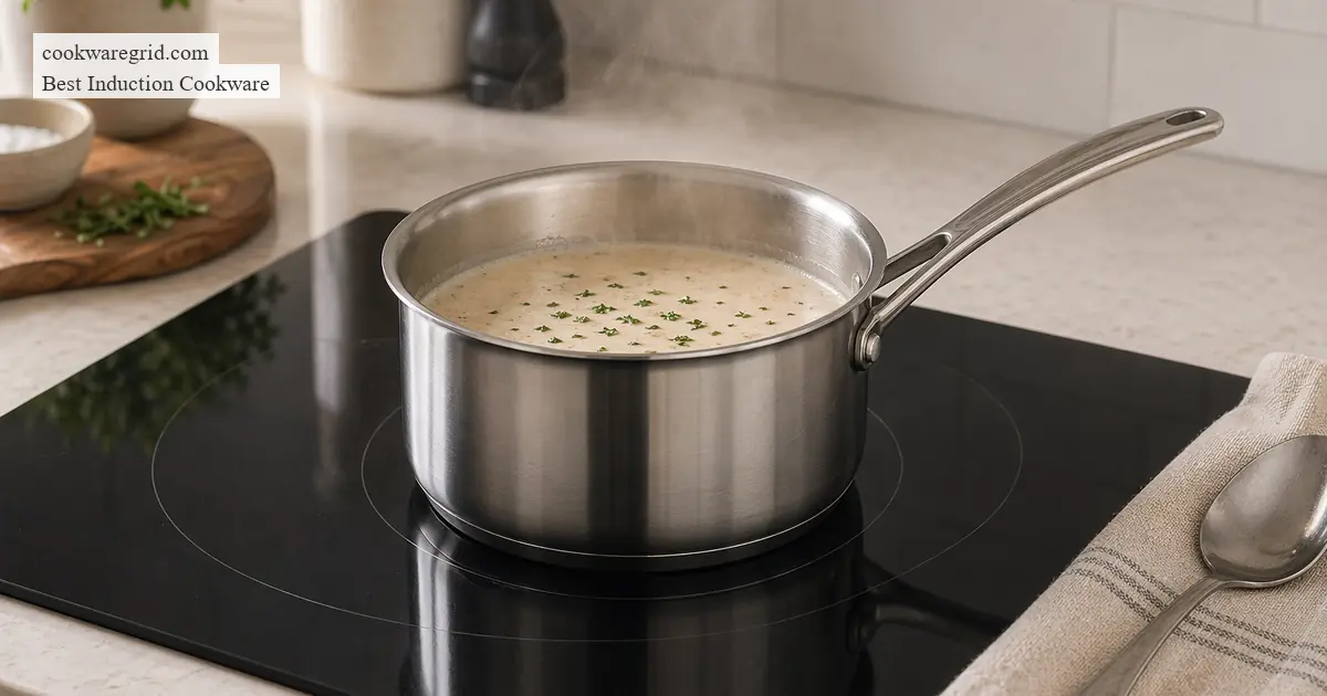 A stainless steel saucepan simmering on an induction cooktop