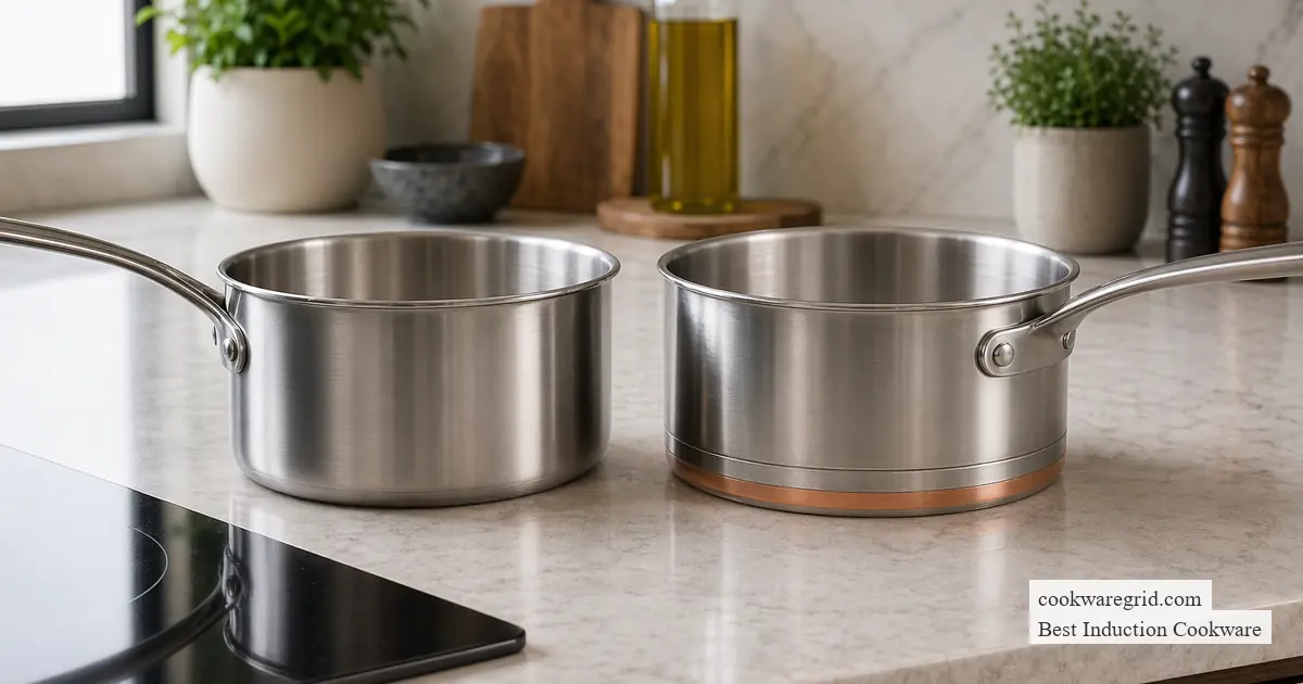 A stainless steel saucepan simmering on an induction cooktop