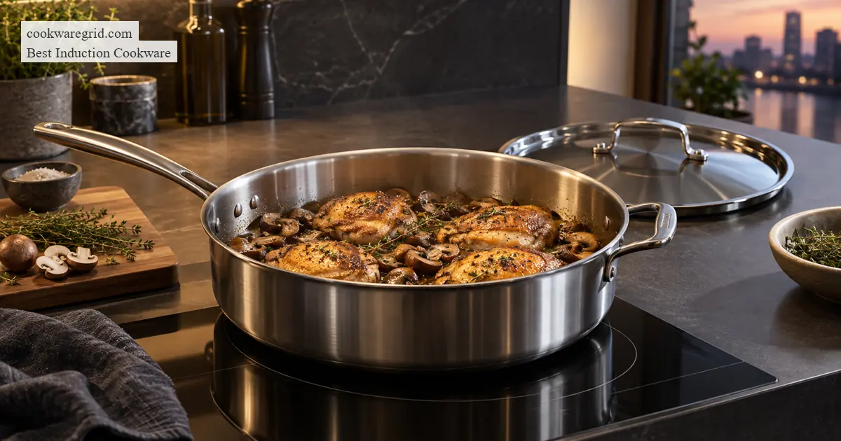 best sauté pans for induction shown on a modern induction cooktop