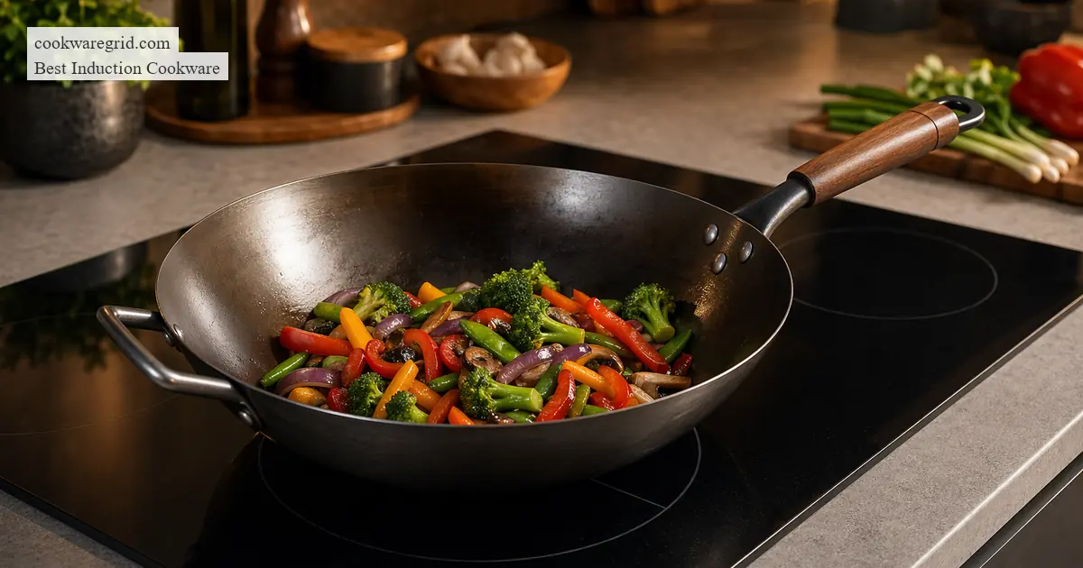 A flat-bottom carbon steel wok sitting on a glass induction cooktop