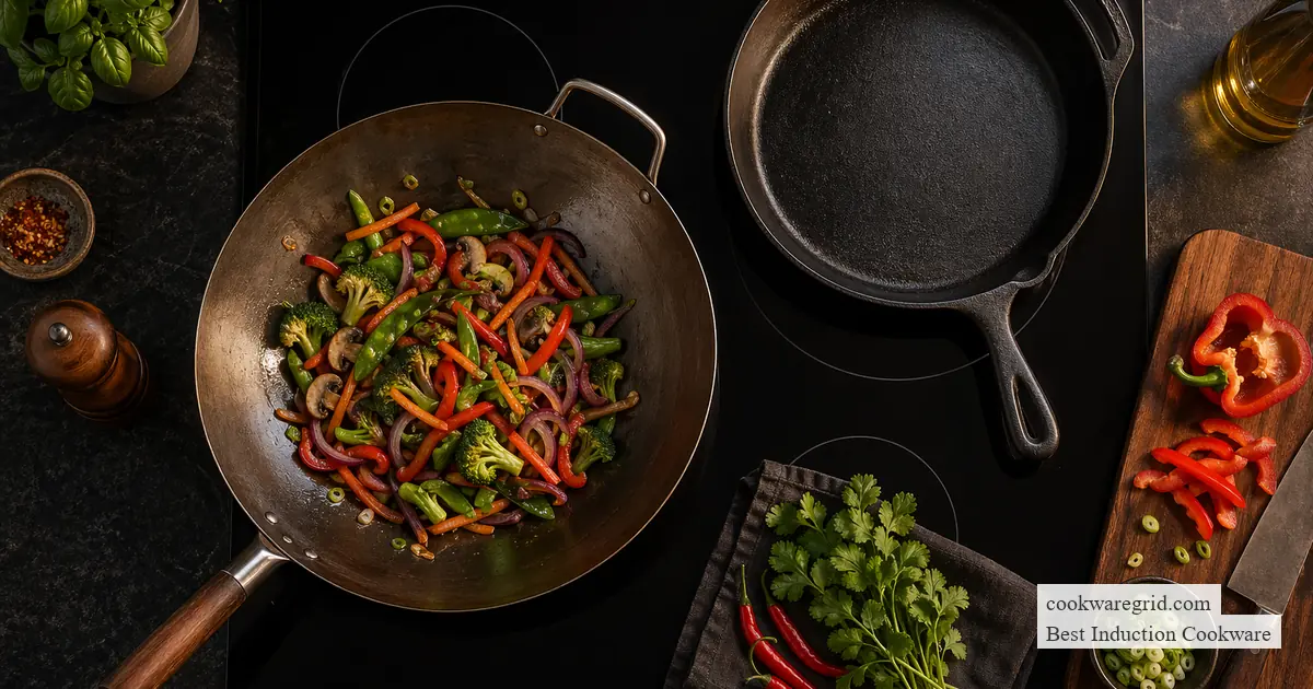 A flat-bottom carbon steel wok sitting on a glass induction cooktop