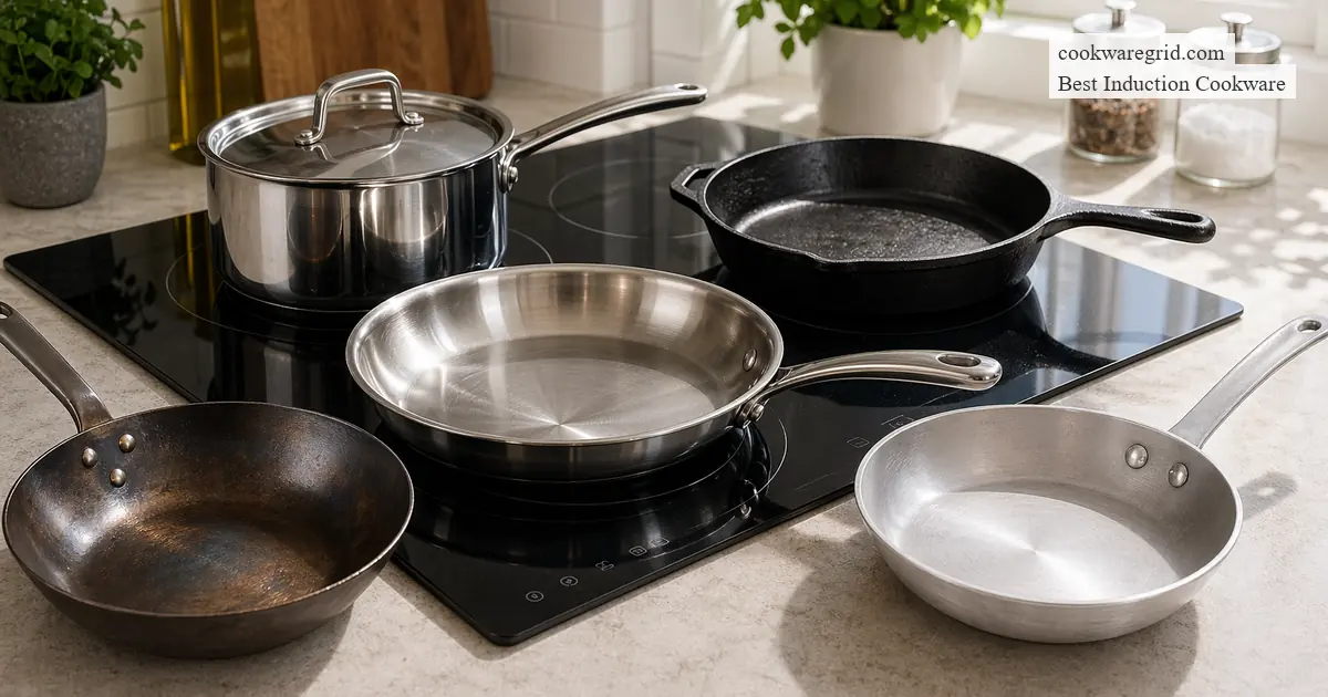 A sleek stainless steel induction pan on a modern glass cooktop