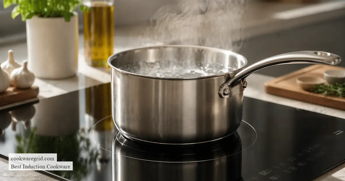 A sleek stainless steel induction pan on a modern glass cooktop