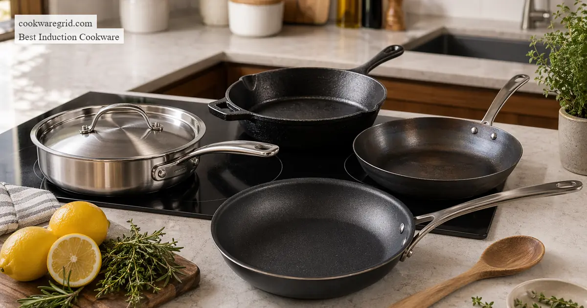 A sleek stainless steel induction pan on a modern glass cooktop