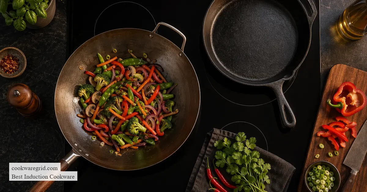 A sleek stainless steel induction pan on a modern glass cooktop