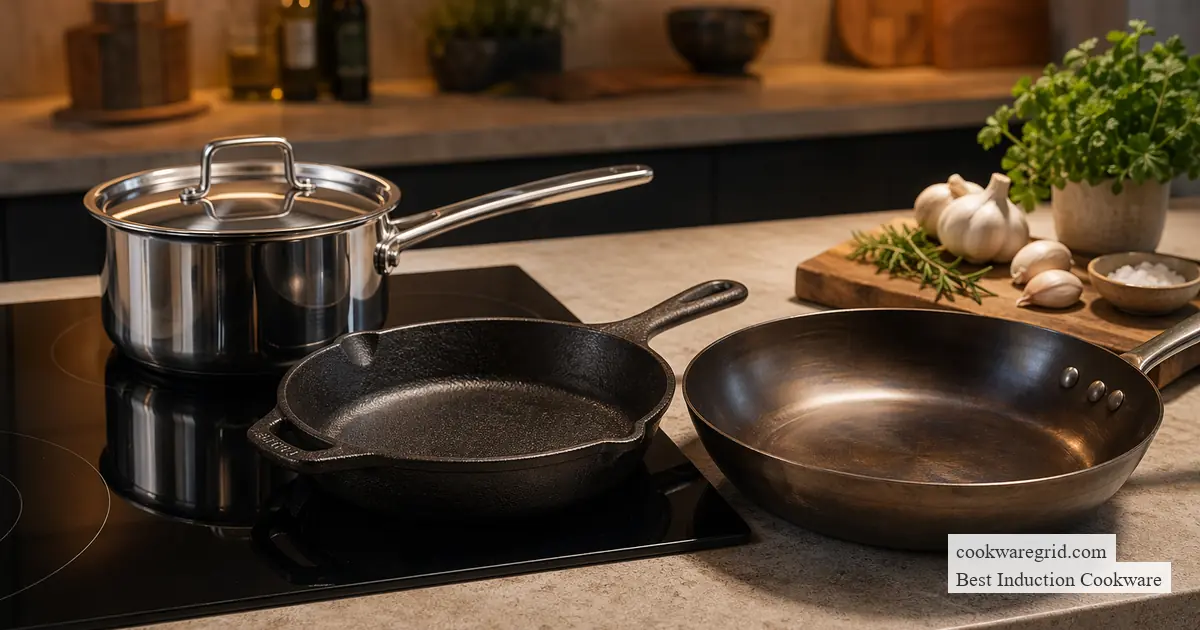 A sleek stainless steel induction pan on a modern glass cooktop