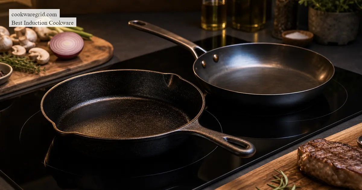 Cast iron and carbon steel pans heating on an induction cooktop