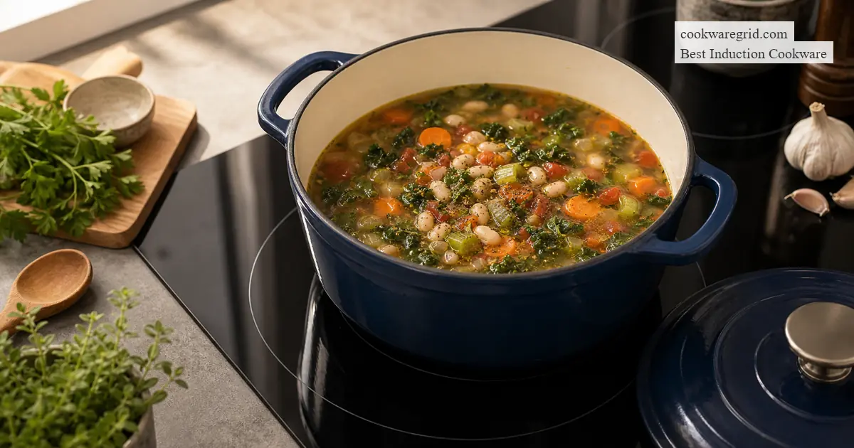 Enameled cast iron Dutch oven simmering soup on an induction cooktop