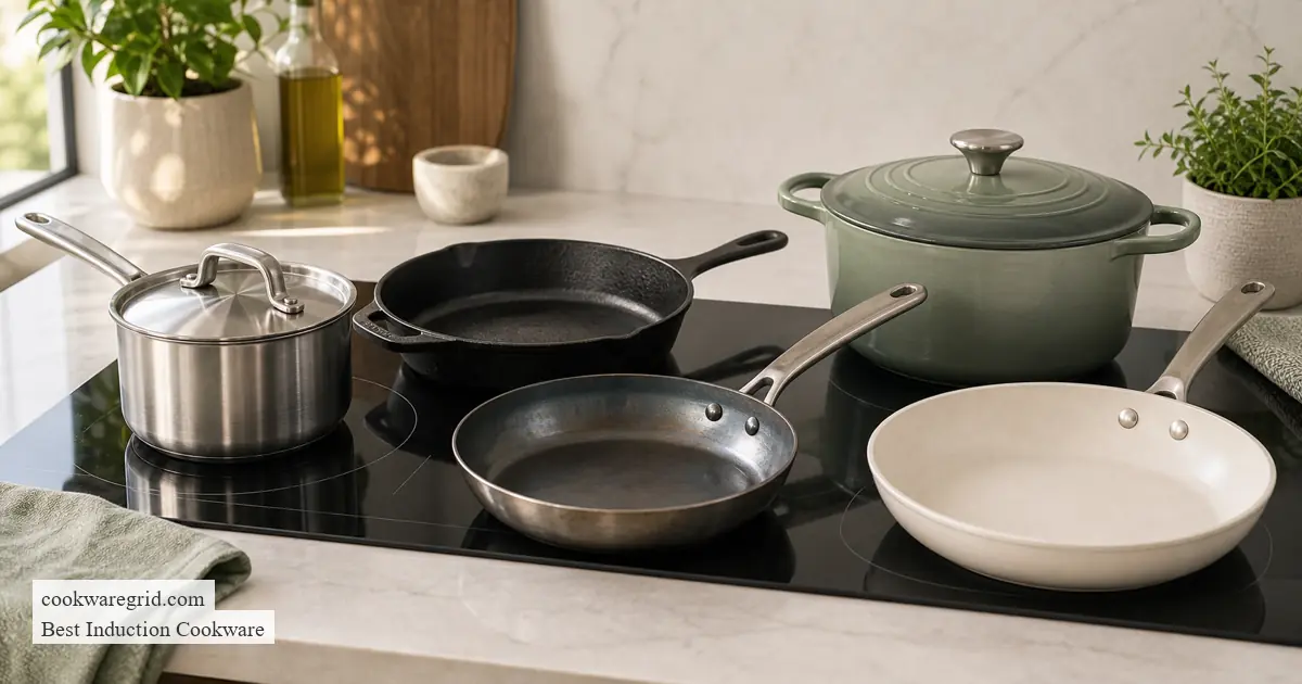 Non-toxic induction cookware materials arranged beside a modern glass cooktop