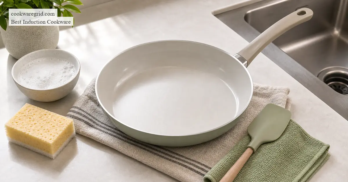 Soft sponge cleaning a ceramic nonstick induction pan in a kitchen sink