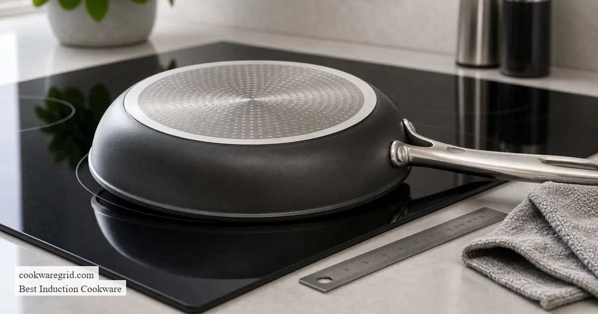 Flat-bottom nonstick induction pan checked for rocking on a smooth glass cooktop
