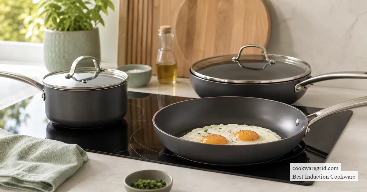 Nonstick induction cookware with eggs cooking on a smooth glass cooktop