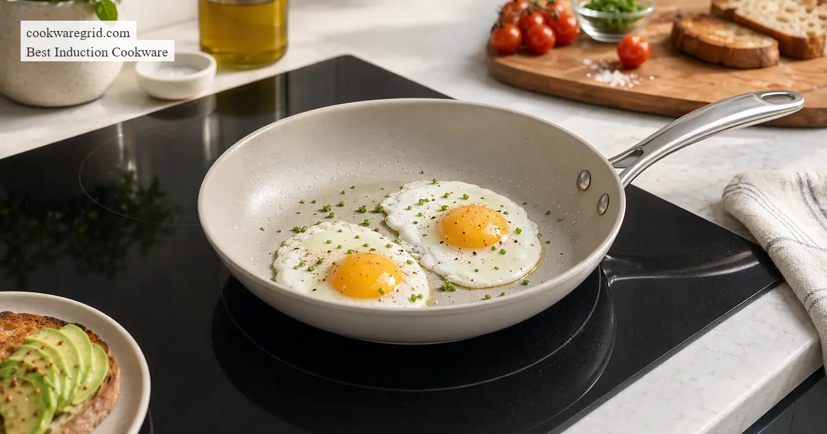 A nonstick induction pan with eggs cooking on a glass cooktop
