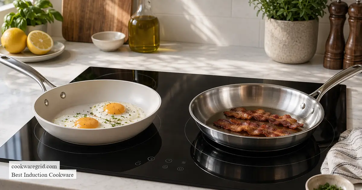 A nonstick induction pan with eggs cooking on a glass cooktop