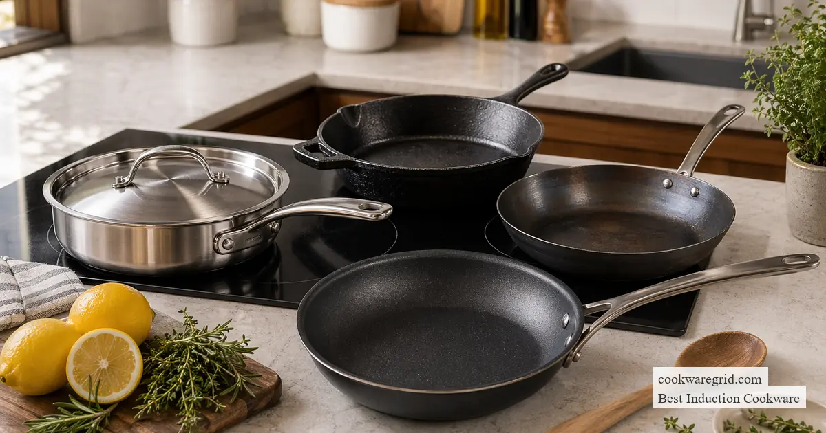 A nonstick induction pan with eggs cooking on a glass cooktop