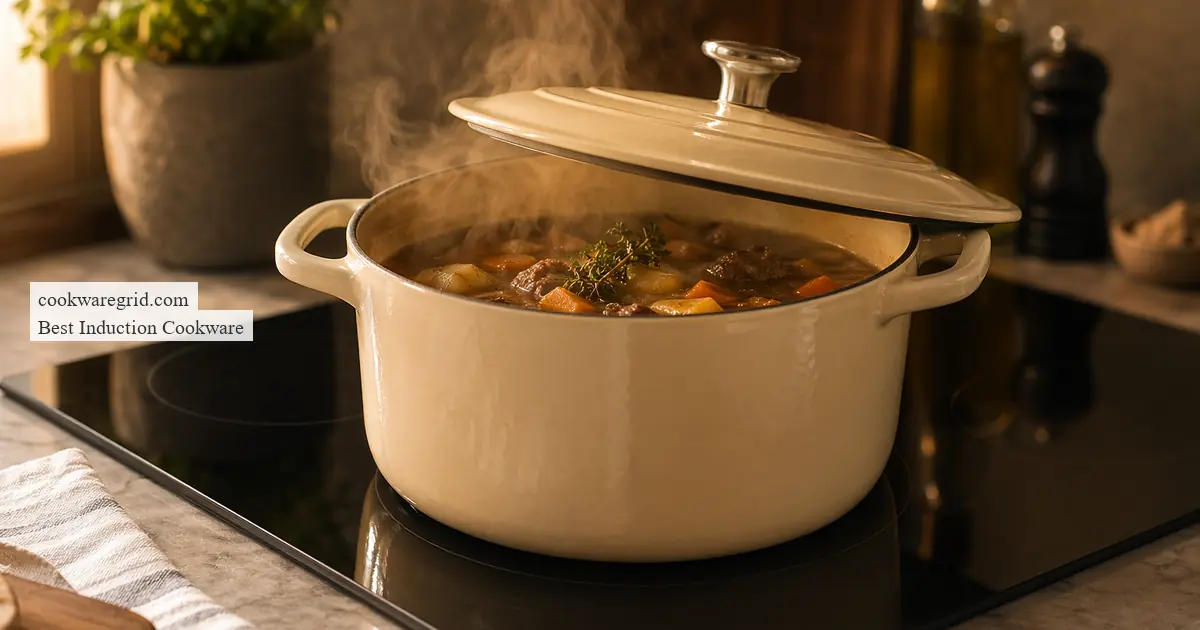 A nonstick induction pan with eggs cooking on a glass cooktop