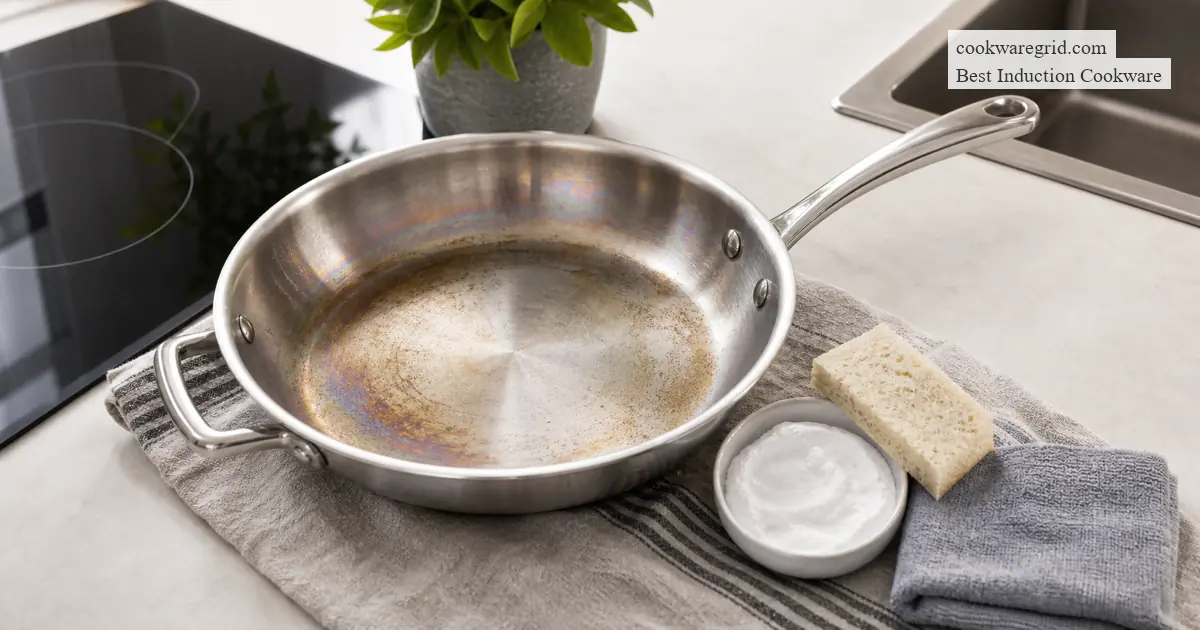 Rainbow heat tint and brown oil residue on a stainless steel induction pan