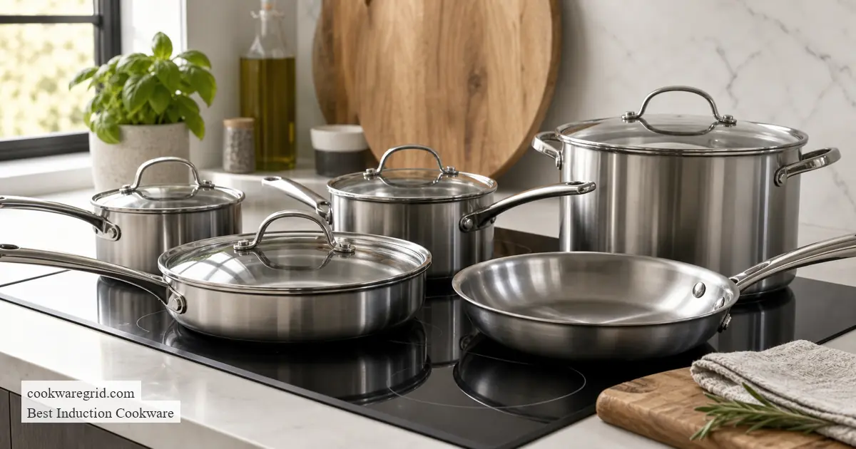 Stainless steel induction cookware set arranged on a smooth glass cooktop