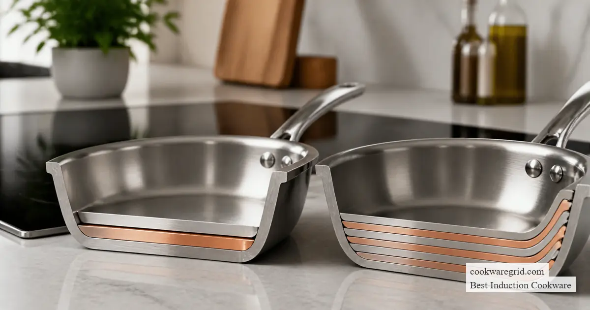 Cutaway view of layered stainless steel induction cookware showing conductive metal inside