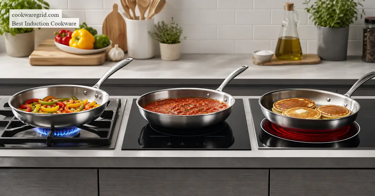 Stainless steel cookware used across gas, induction, and radiant electric cooking zones
