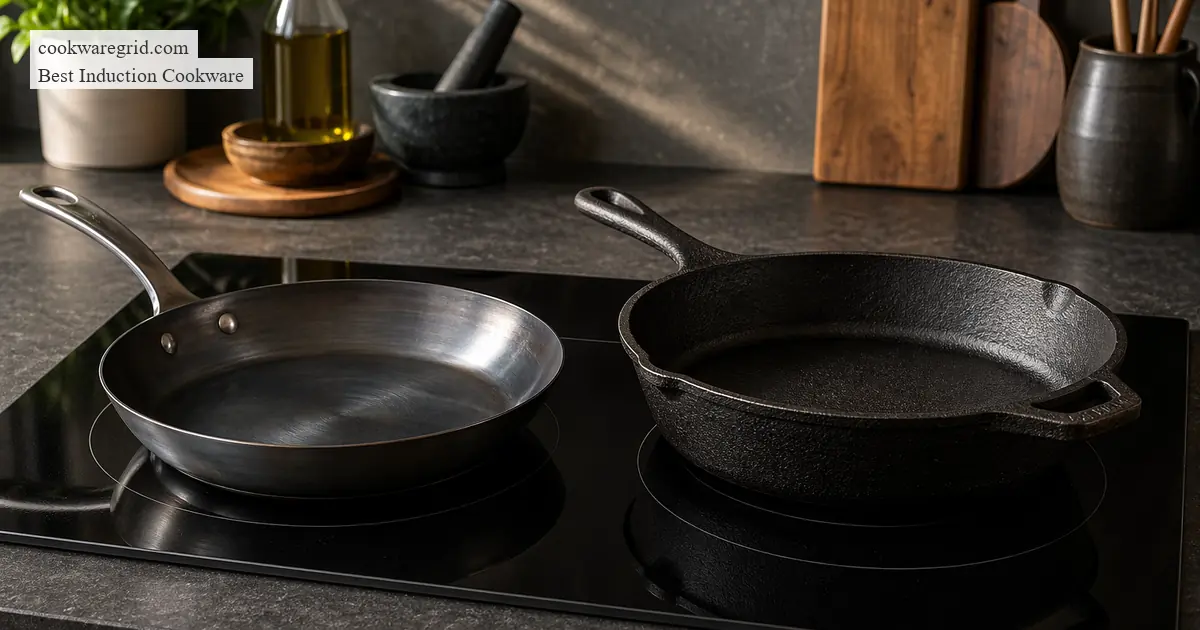 A cast iron skillet beside a stainless steel pan on an induction cooktop